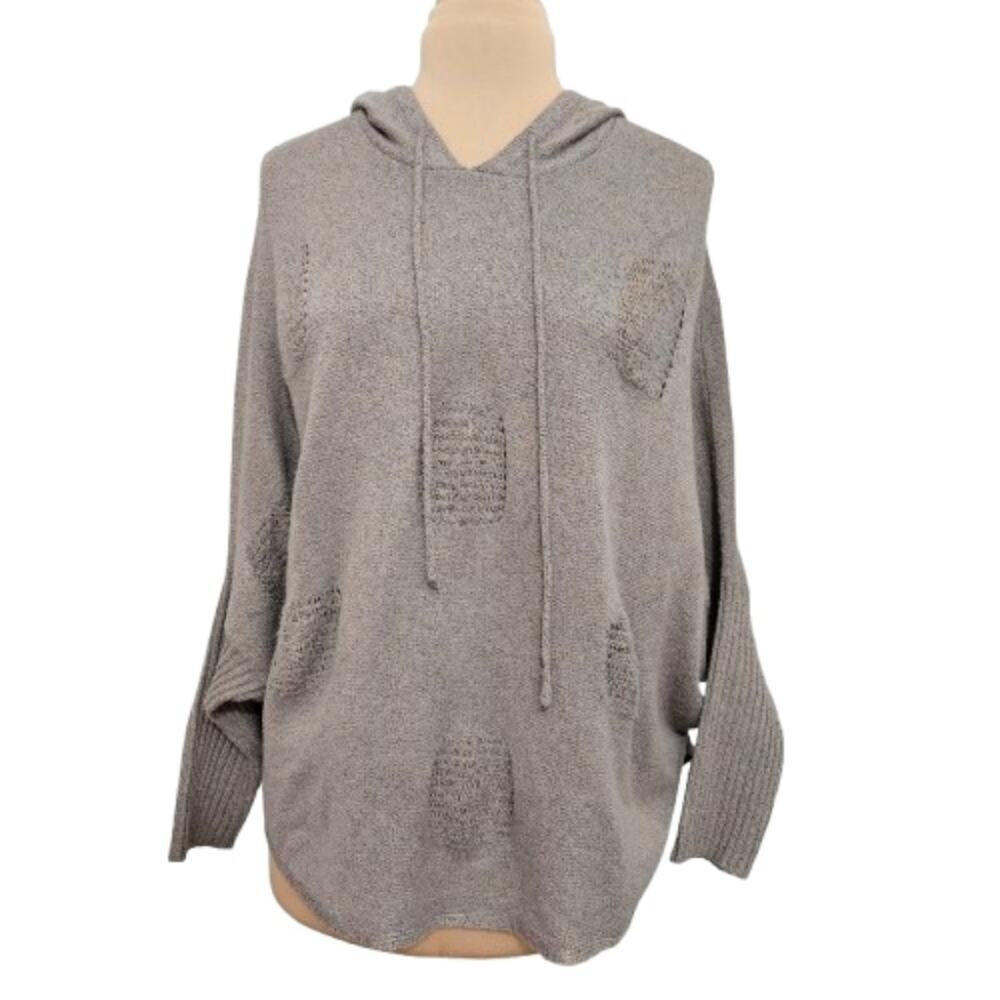 Earthbound Gray Knit Hoodie Tunic Sweater Large Soft Cozy Distressed Long Sleeve